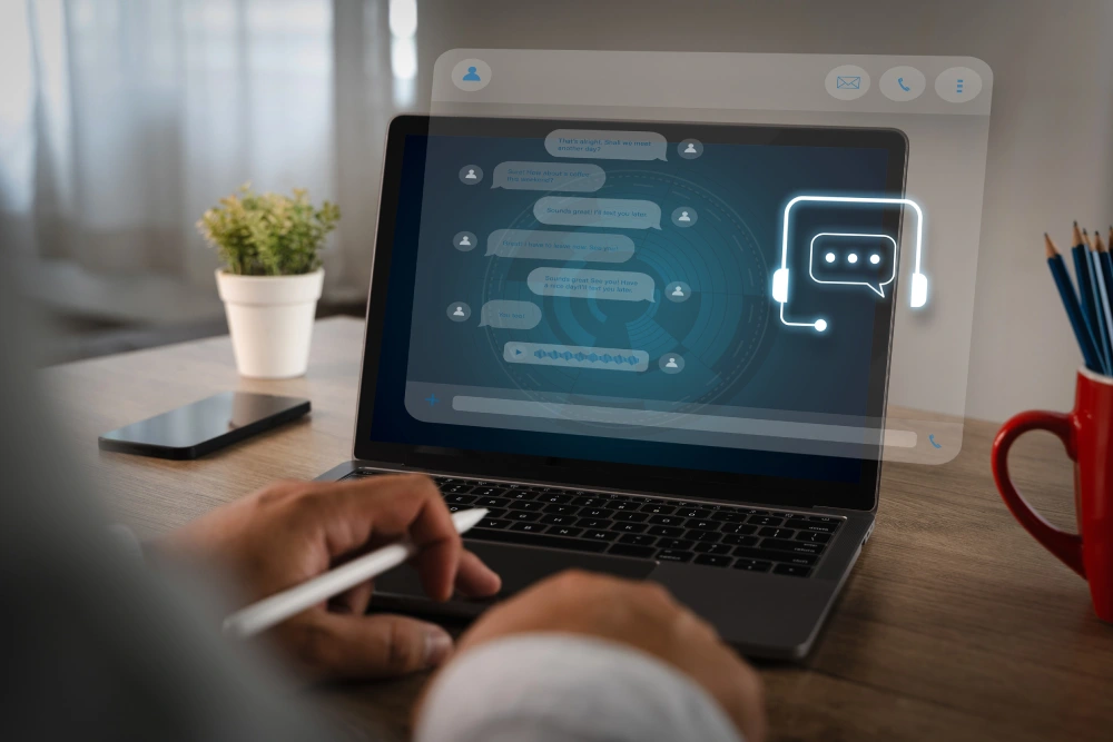 Businessman using AI chatbot support on laptop for online customer service